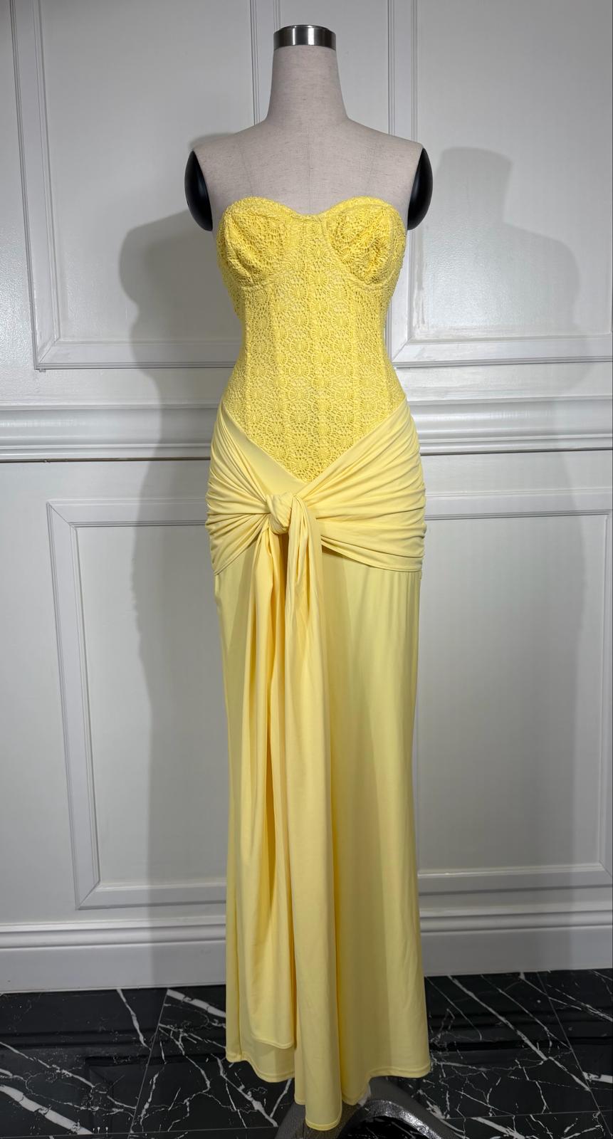 corset strapless maxi dress in yellow Monroe-Maxi Dress-Yellow Horizon Glow lace corset bodice Big and Tall Dress Color:White with White Ribbon